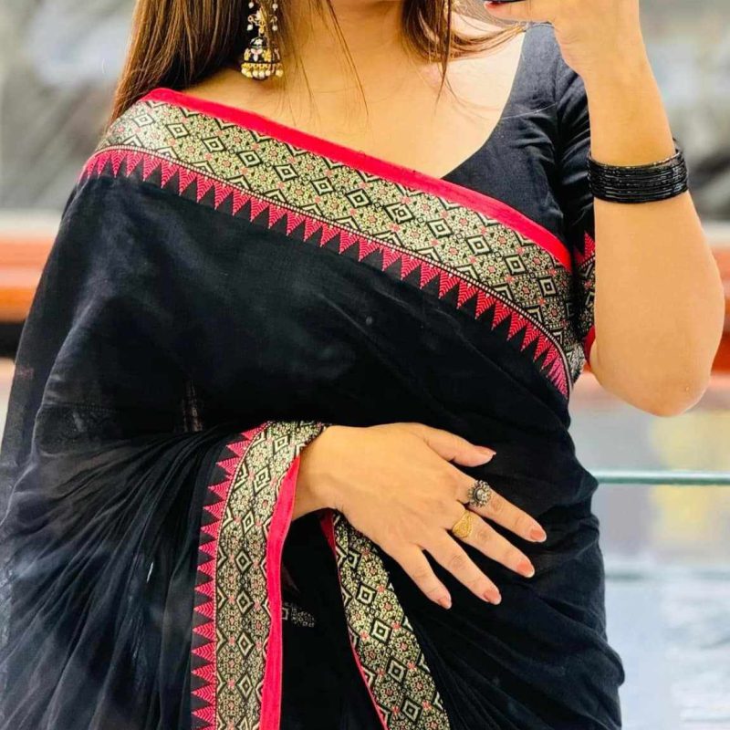 Pure Tangail Black Cotton Saree - Authentic Handloom Bengal Tant Saree Online price in BD