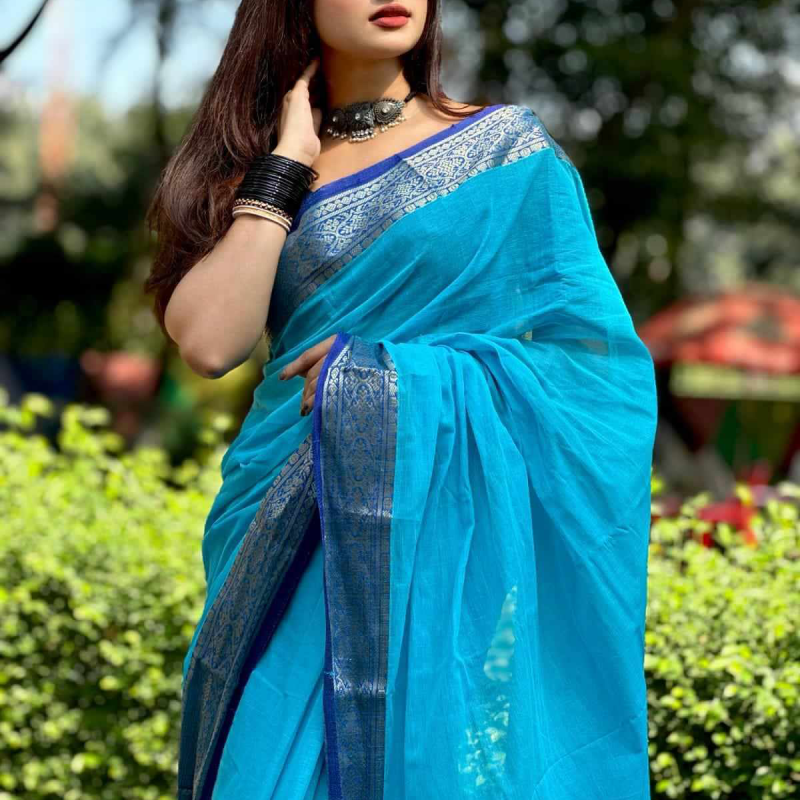 Pure Tangail Blue Cotton Saree - Authentic Handloom Bengal Tant Saree Online price in BD