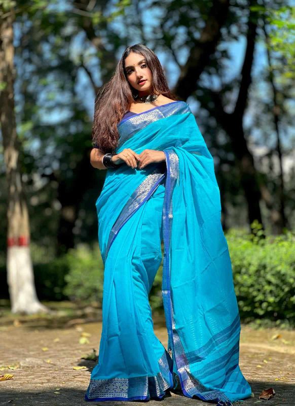 Pure Tangail Blue Cotton Saree - Authentic Handloom Bengal Tant Saree Online price in BD