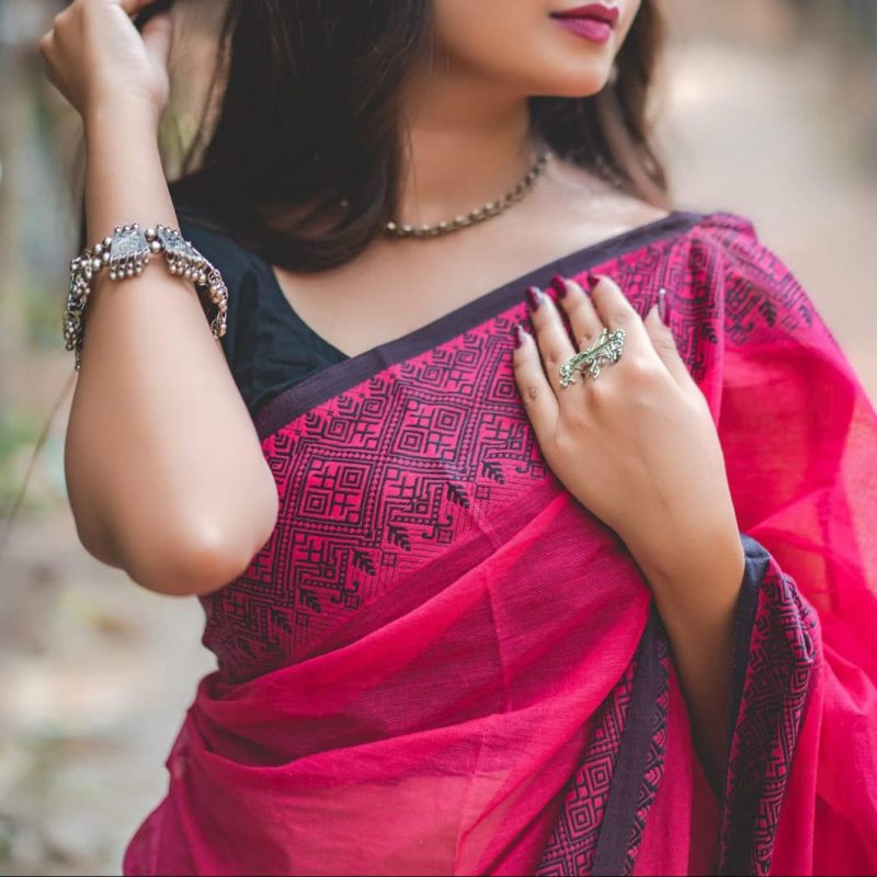 pure Tangail cotton red saree with blouse piece